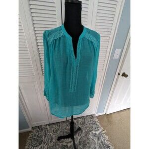 Grand & Greene Top Womens sz S Blue Lace Sheer Long Sleeves Elastic Wrist Blouse